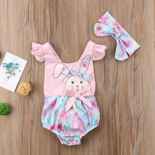 New Bunny Flower Bow Hairband Sunsuit 2Pcs
