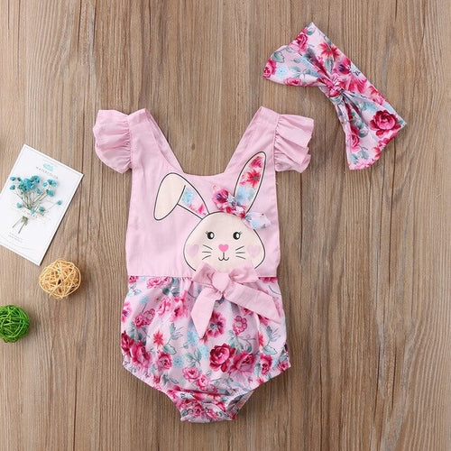 New Bunny Flower Bow Hairband Sunsuit 2Pcs