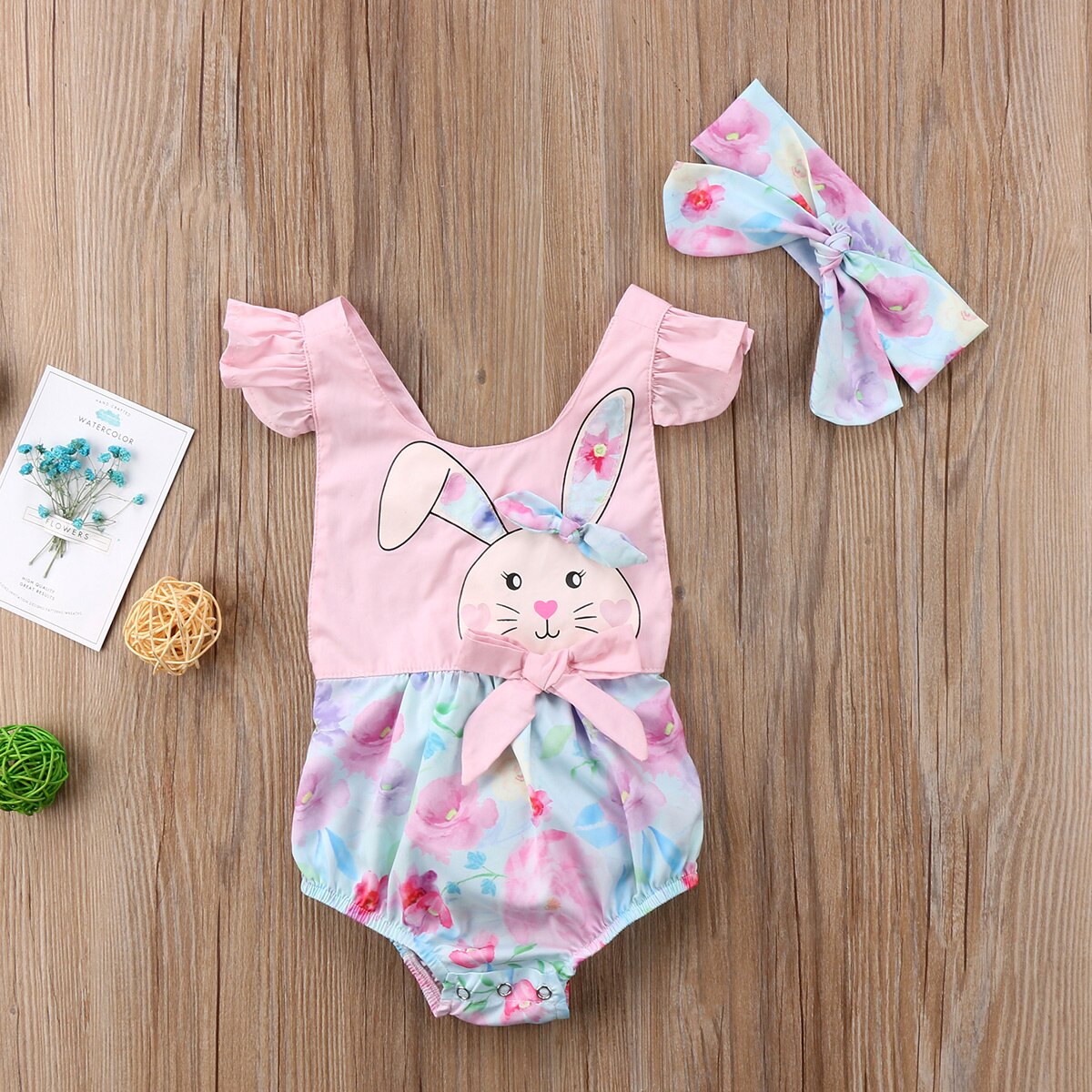 New Bunny Flower Bow Hairband Sunsuit 2Pcs