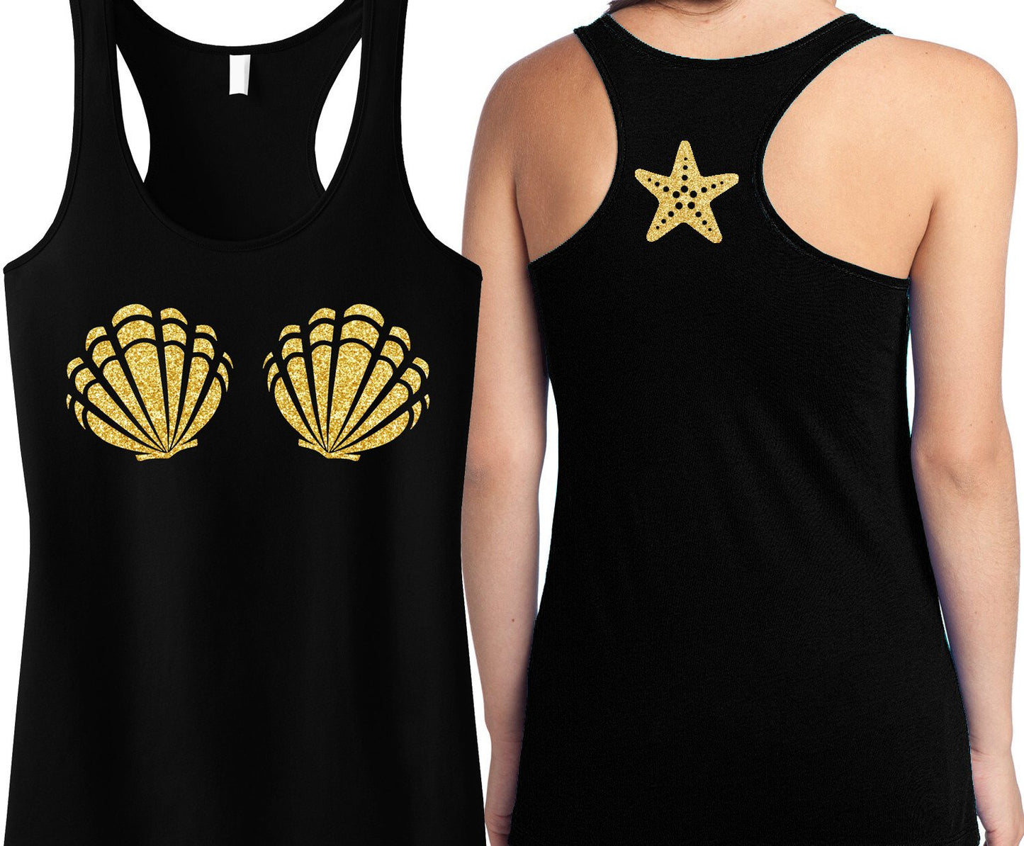 THE MERMAID Sea Shells Black Tank Top with Gold Starfish Back Print