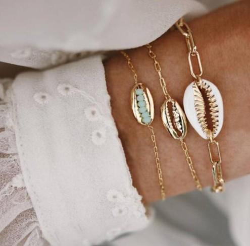Turquoise Sea-Shell 3 Piece Bracelet Set in 14K Gold ITALY Design