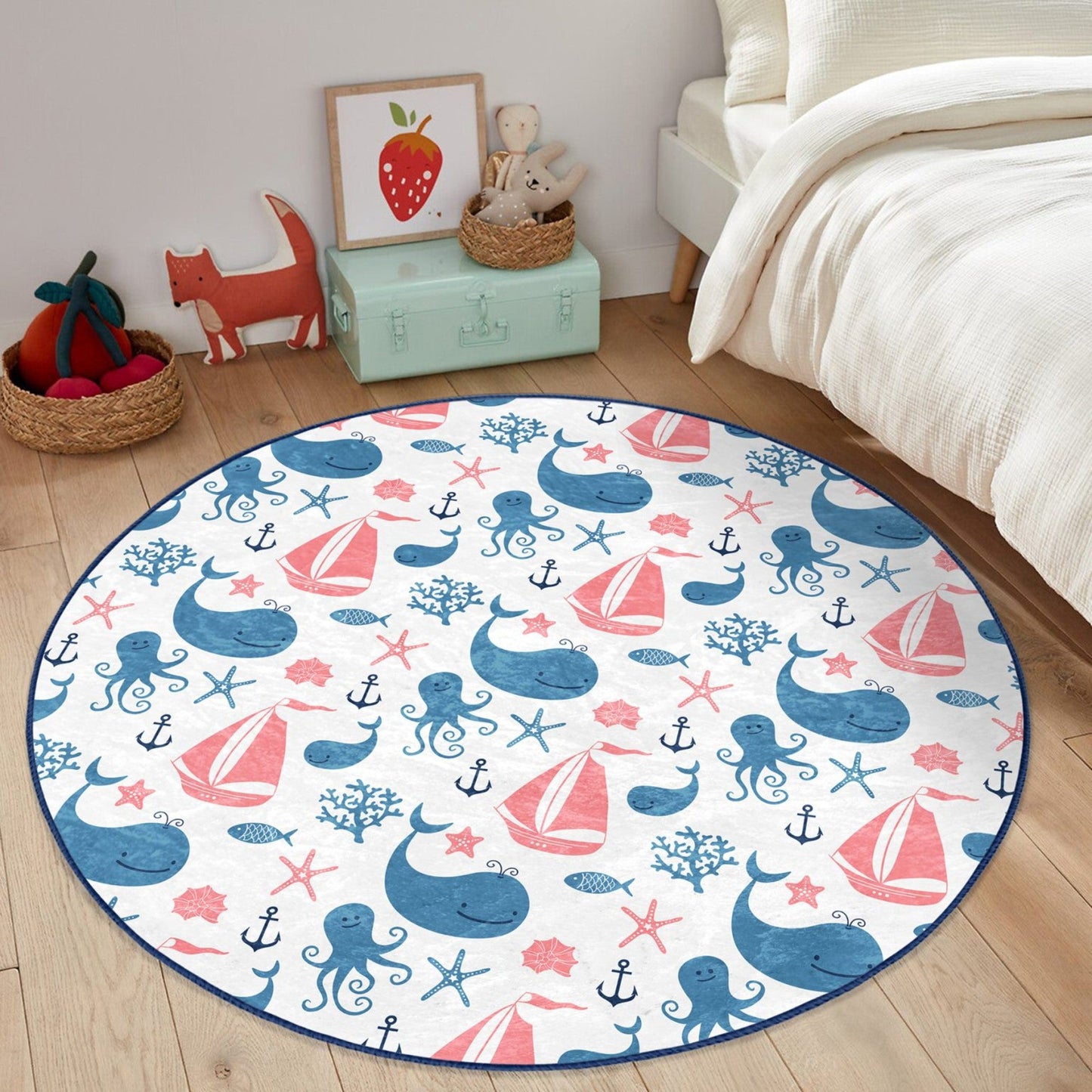 Ocean Animals Printed Kids Room Washable Round Rug | Homeezone