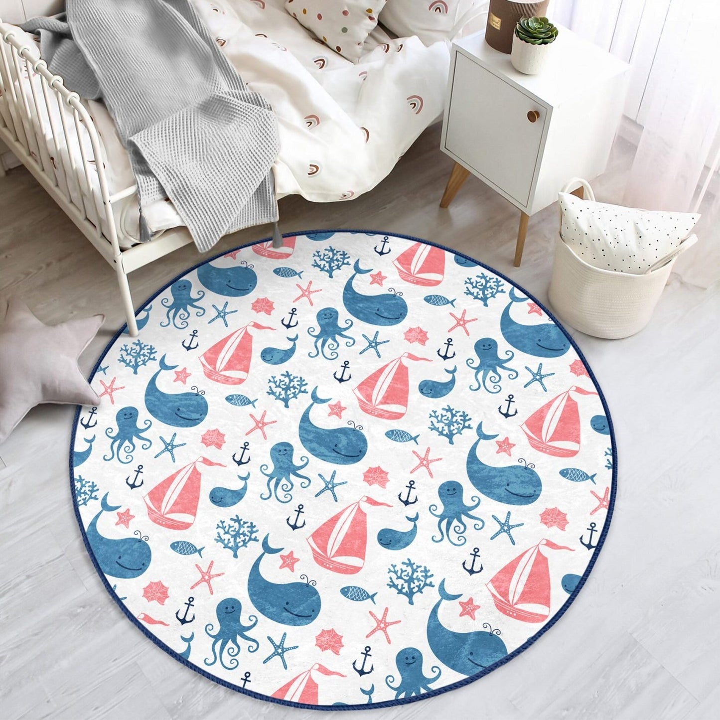 Ocean Animals Printed Kids Room Washable Round Rug | Homeezone