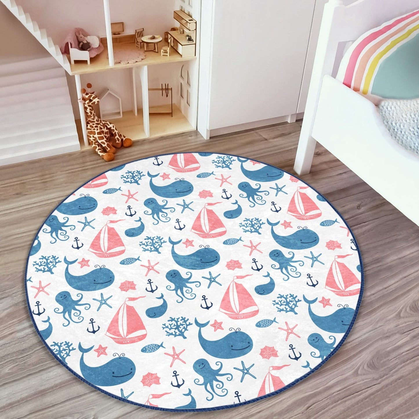 Ocean Animals Printed Kids Room Washable Round Rug | Homeezone