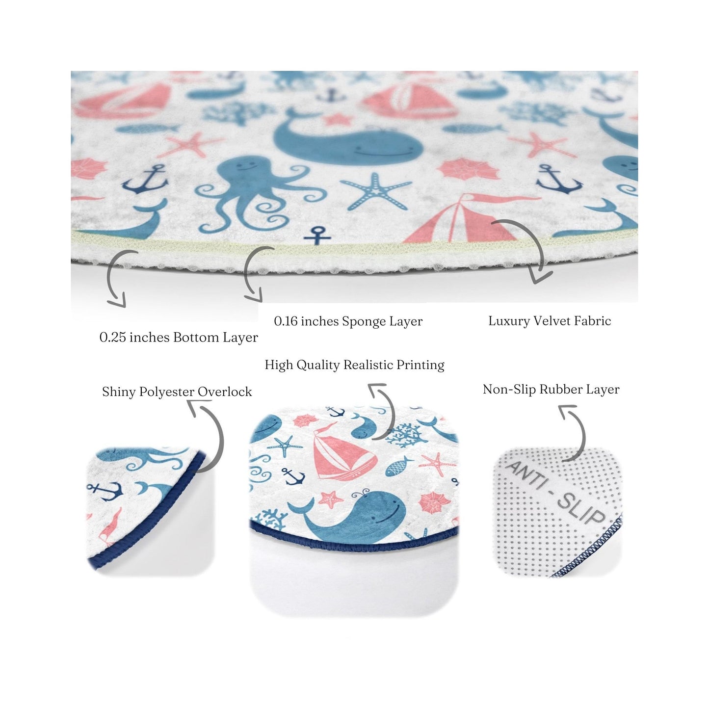Ocean Animals Printed Kids Room Washable Round Rug | Homeezone