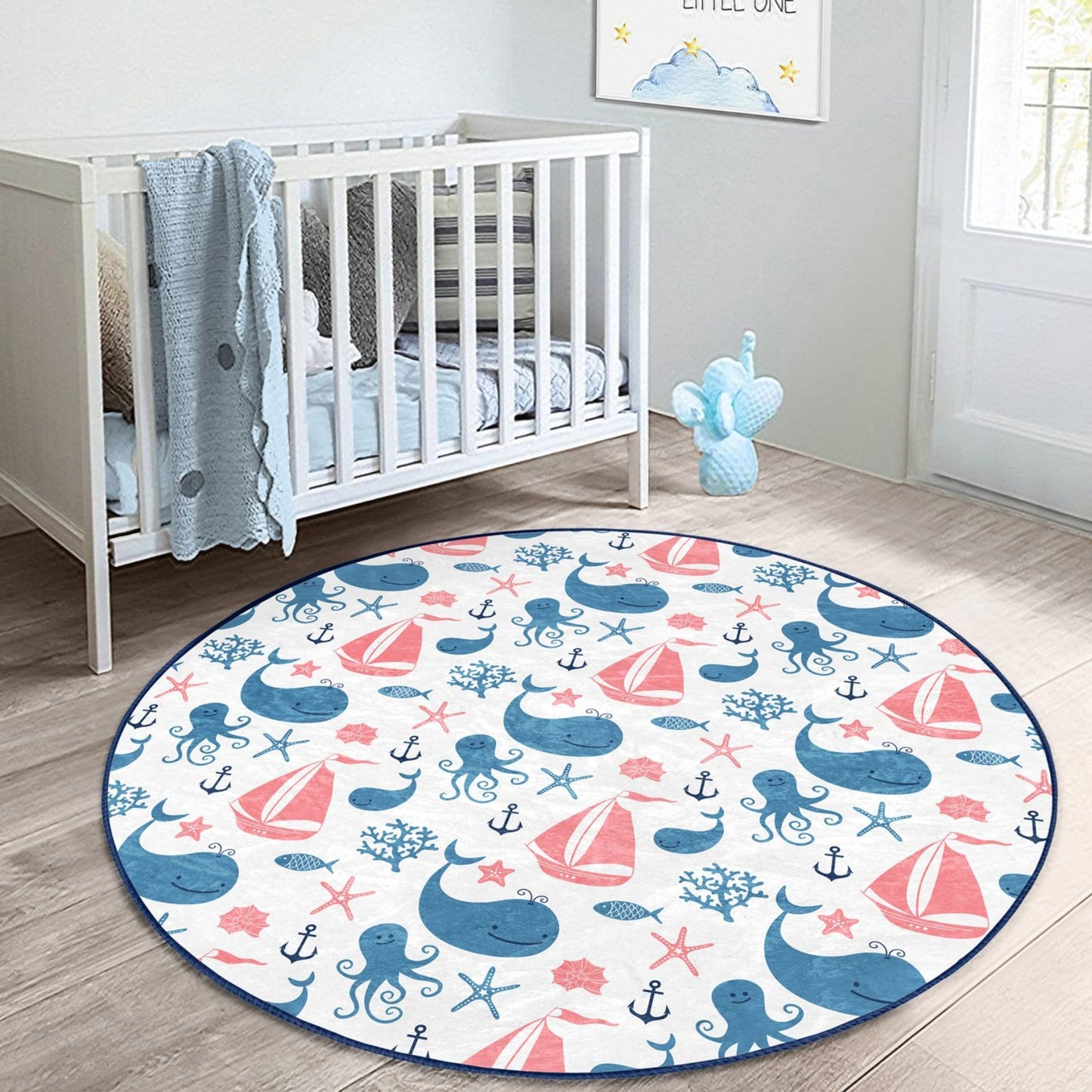 Ocean Animals Printed Kids Room Washable Round Rug | Homeezone