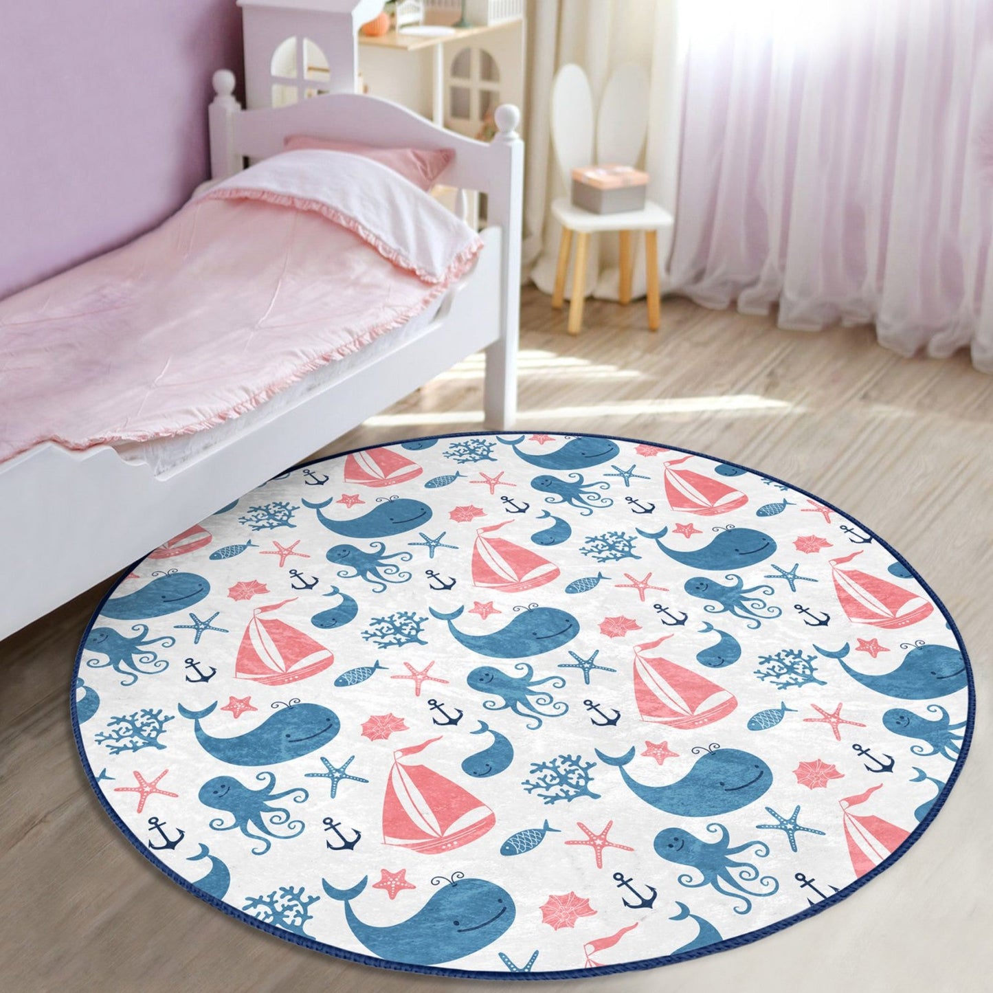 Ocean Animals Printed Kids Room Washable Round Rug | Homeezone