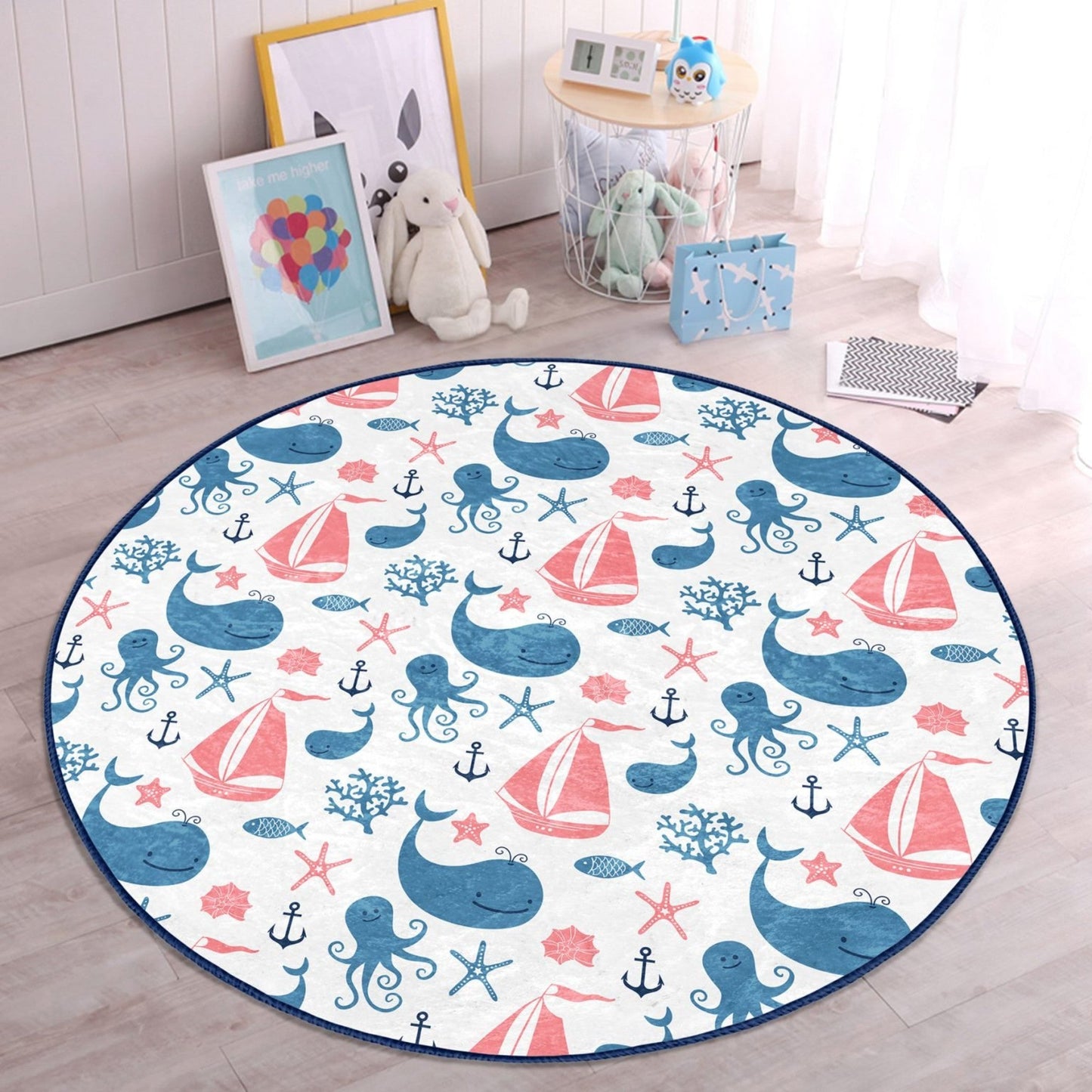 Ocean Animals Printed Kids Room Washable Round Rug | Homeezone