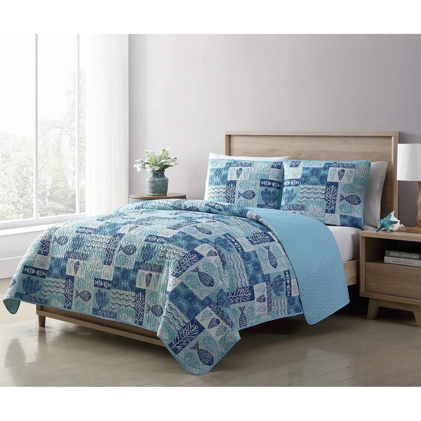 King size Aqua Blue Cream Beach Sea Shells Coral Fish Coastal 3-Piece