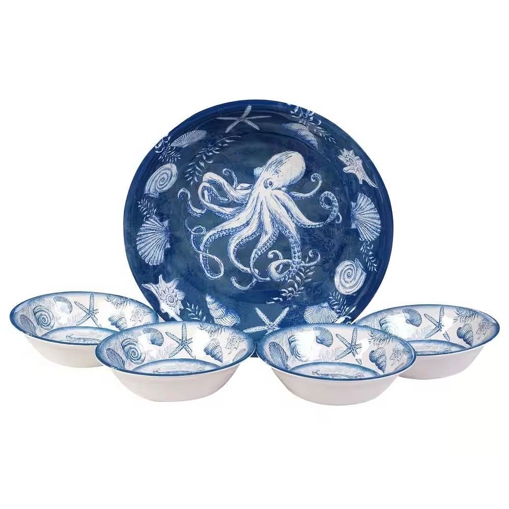5-Piece Starfish Sea Shells Octopus Beach Dinner Bowl Set in Blue and