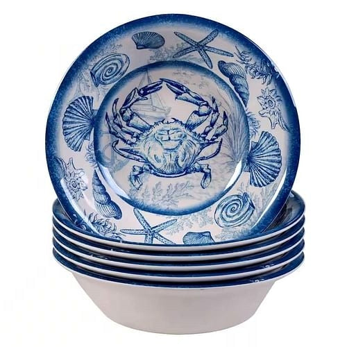 6-Piece Dinner Bowl Set with Blue White Ocean Sea Shells Crab Starfish