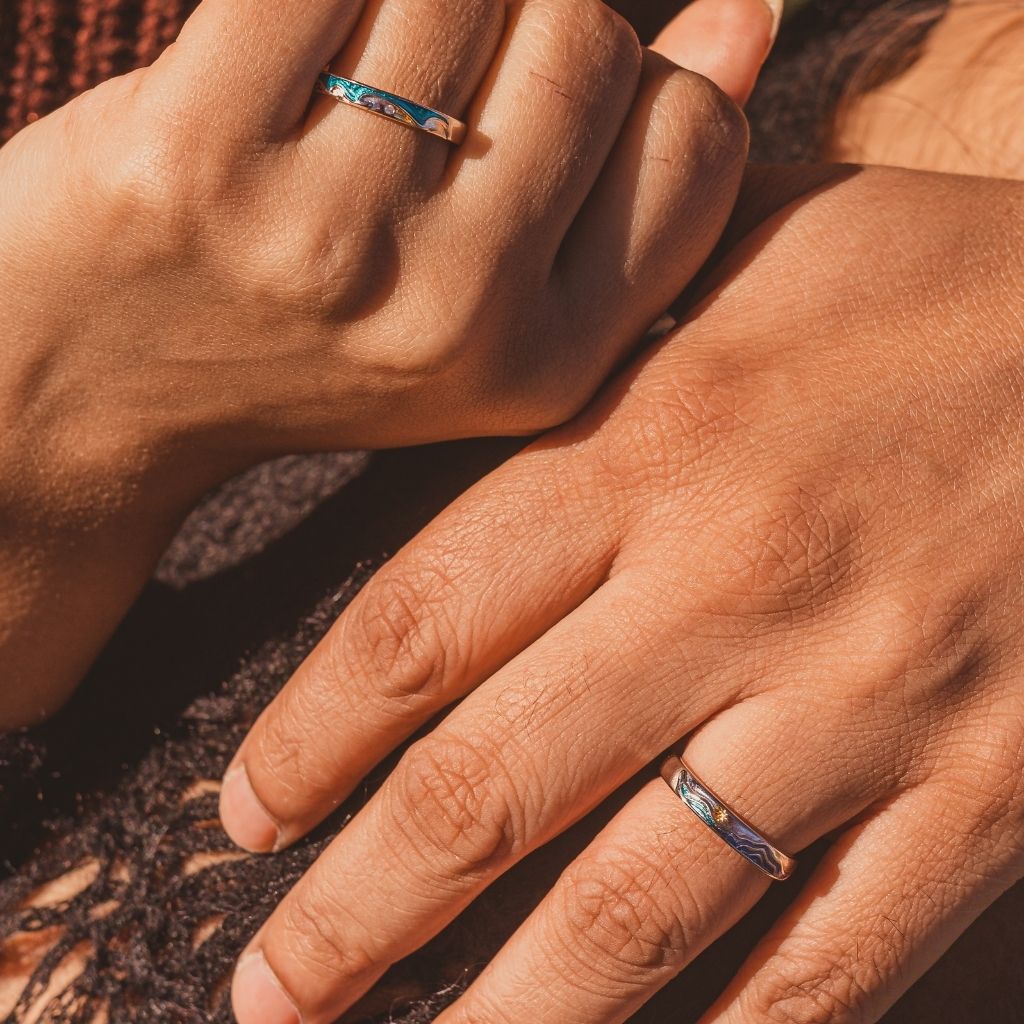 Adjustable Silver Sea Wave Enamel Couple Promise Ring Set