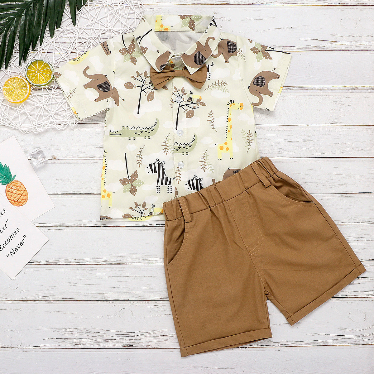 Summer Baby Kids Boys Beige Cartoon Animals Pattern Turn-Down Collar