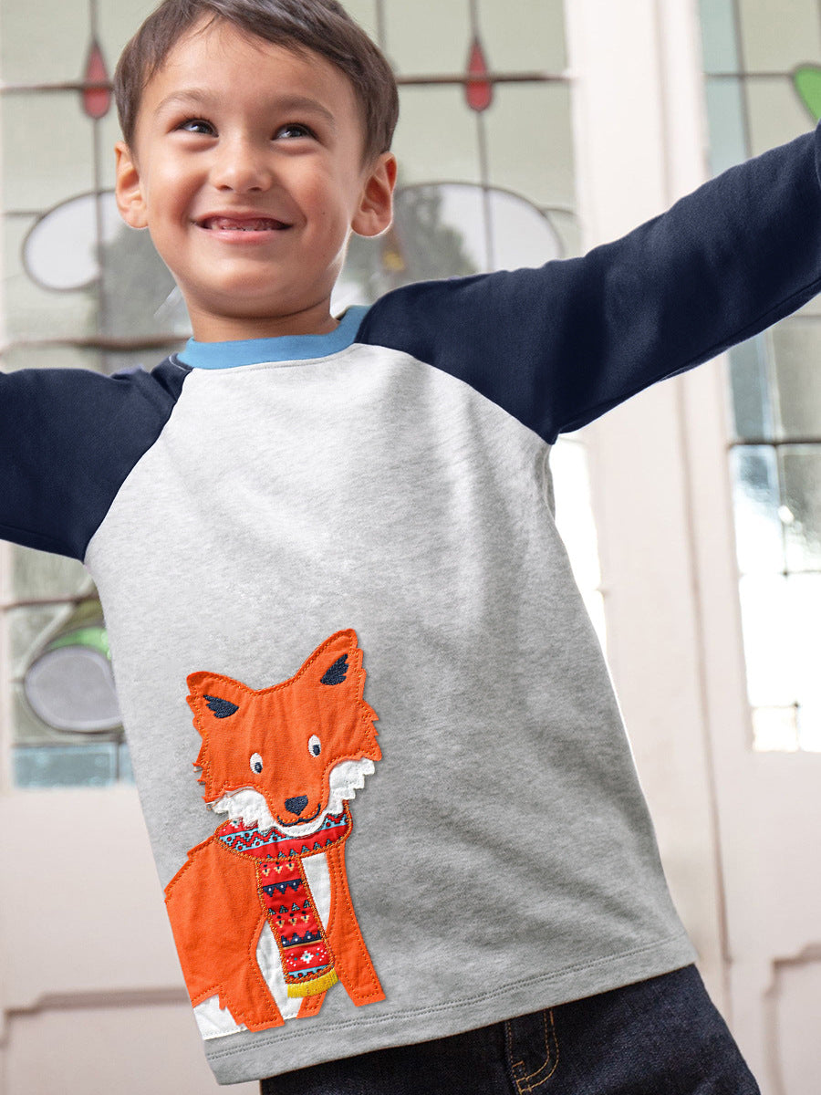 Arrival Autumn Kids’ Fox Cartoon Pattern Appliqué Embroidery Long