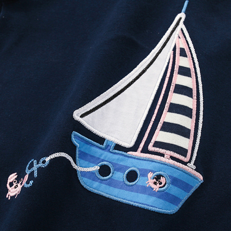 Summer Baby Kids Boys Sailboat Cartoon Pattern T-Shirt And Striped