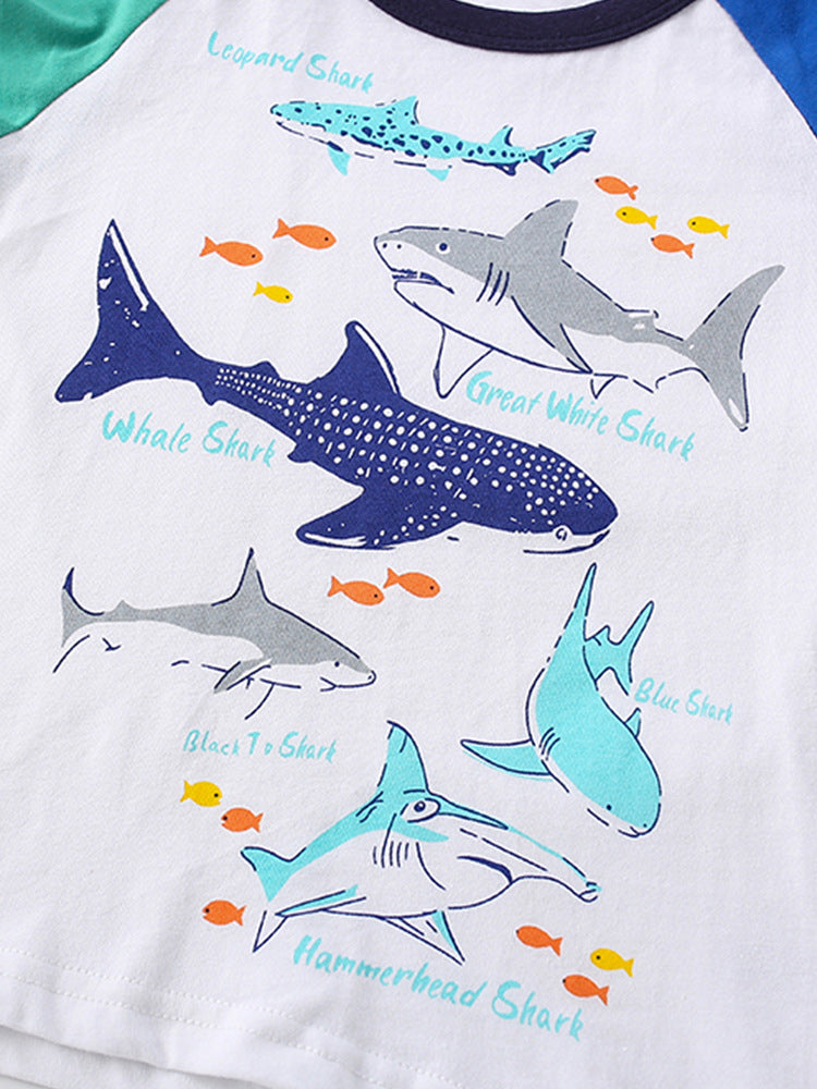 Summer Baby Kids Boys Sharks Cartoon Pattern T-Shirt And Blue Shorts