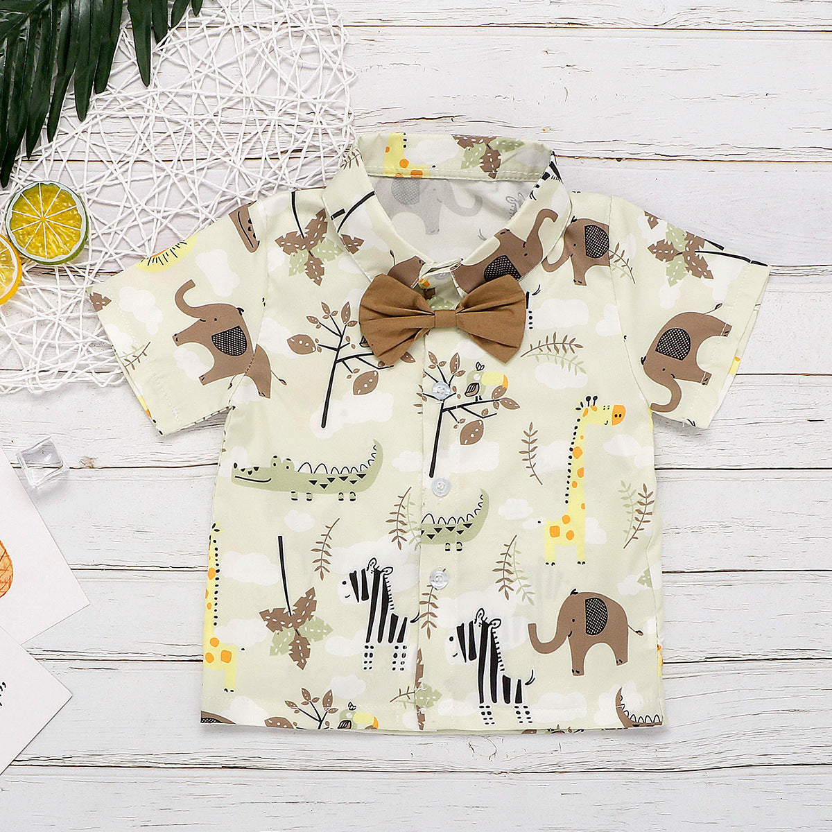 Summer Baby Kids Boys Beige Cartoon Animals Pattern Turn-Down Collar