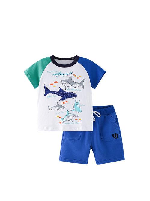 Summer Baby Kids Boys Sharks Cartoon Pattern T-Shirt And Blue Shorts