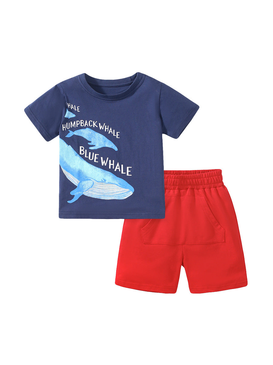 Baby And Kids Boys Whale Cartoon Short Sleeves Top And Shorts Casual
