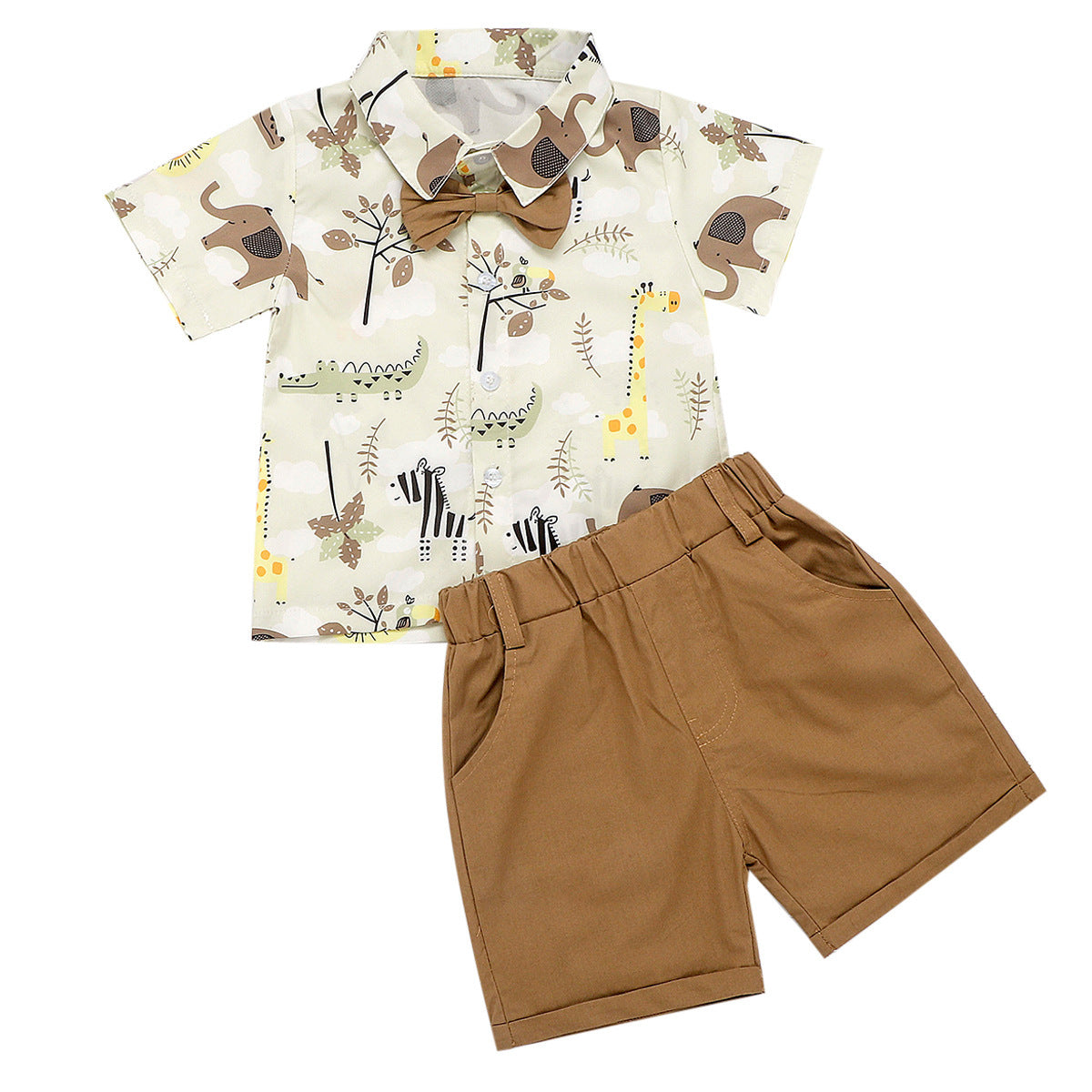 Summer Baby Kids Boys Beige Cartoon Animals Pattern Turn-Down Collar