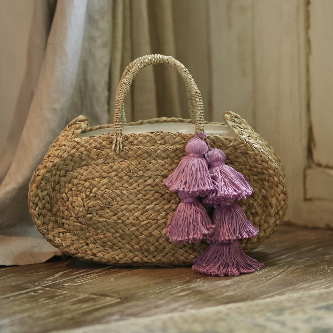 Oval Luna Straw Tote Bag - with Cerulean Blue Tassels