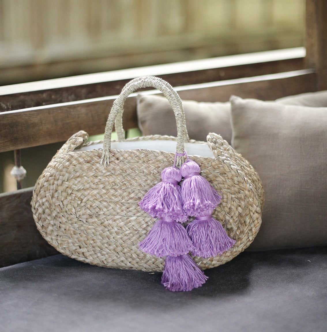 Oval Luna Straw Tote Bag - with Cerulean Blue Tassels