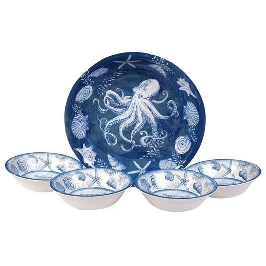 5-Piece Starfish Sea Shells Octopus Beach Dinner Bowl Set in Blue and