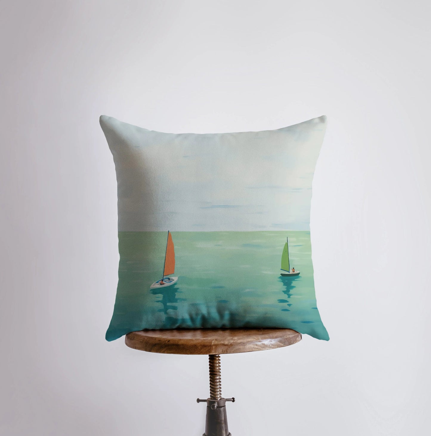 Sailboats on Blue Sea | Gouache Painting | Pastel Ocean | Throw Pillow