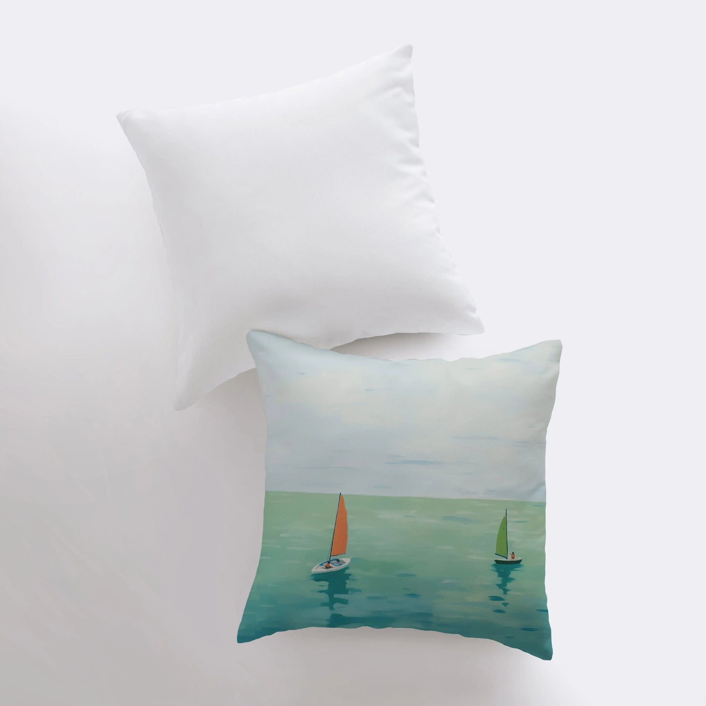 Sailboats on Blue Sea | Gouache Painting | Pastel Ocean | Throw Pillow