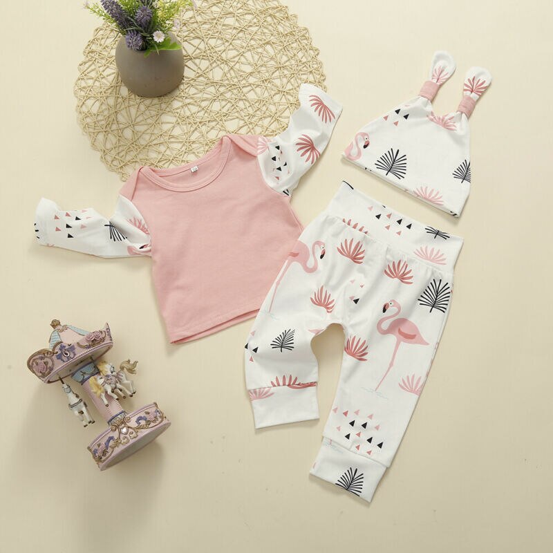 US 3Pcs Newborn Baby Girl Flower Flamingo Tops