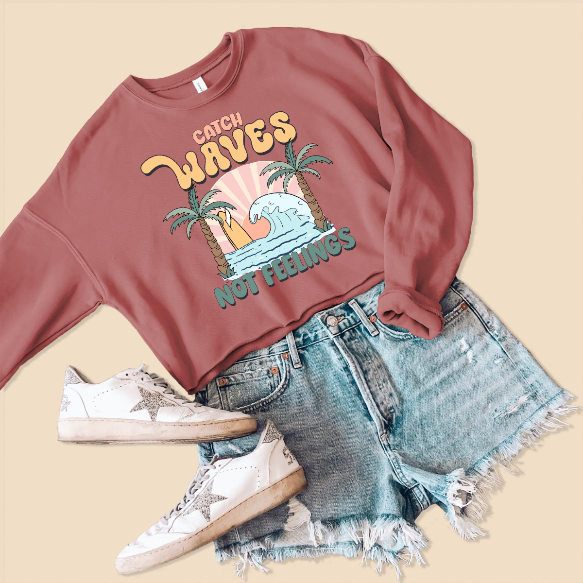 Catch Waves Not Feelings Cute Crop Sweatshirt