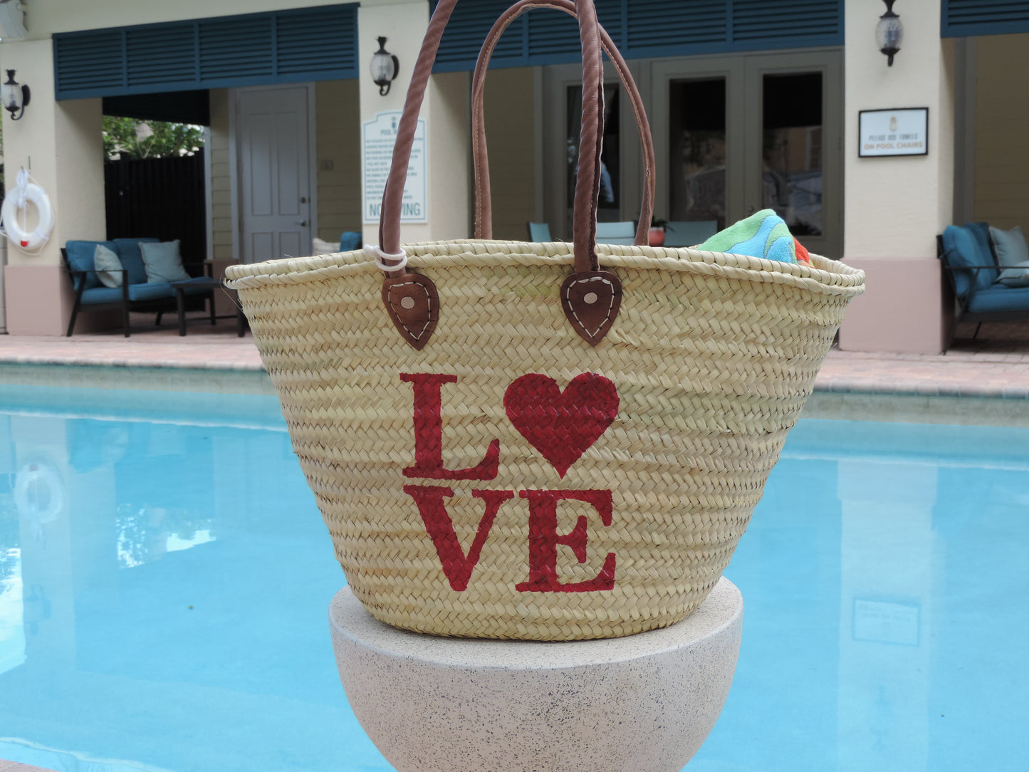 Straw Bag with Hand-Painted Magenta LOVE Design