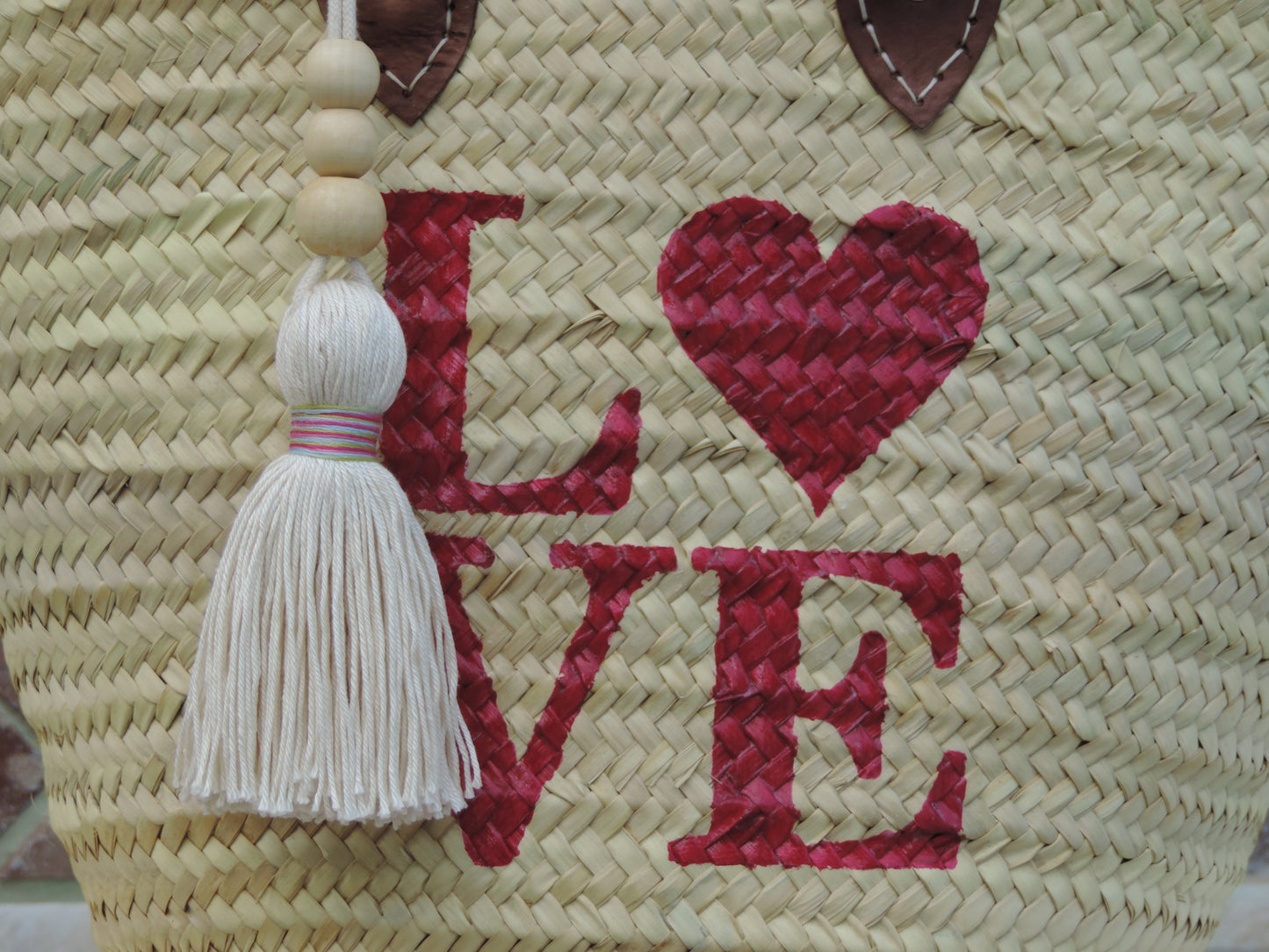 Straw Bag with Hand-Painted Magenta LOVE Design