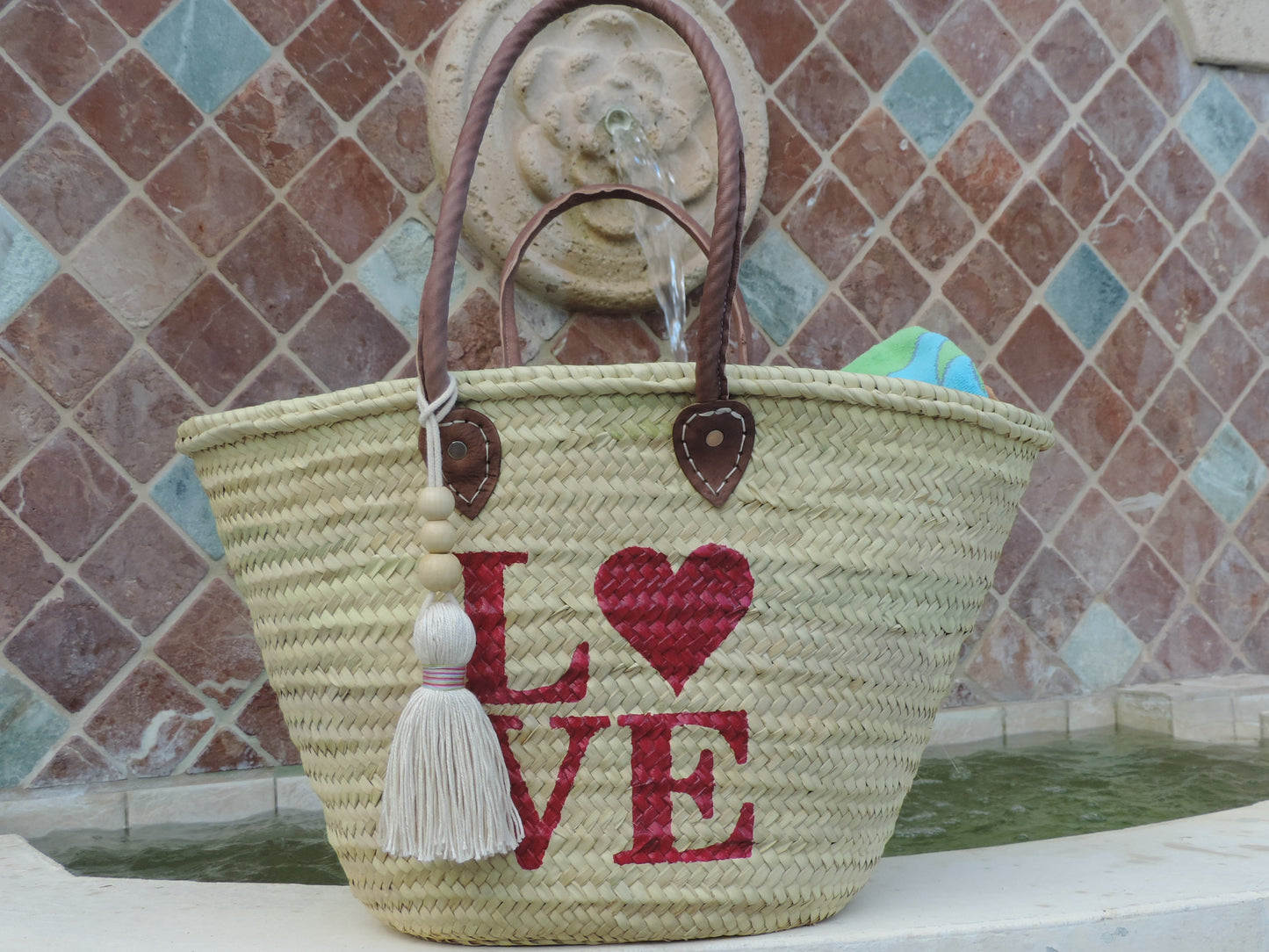 Straw Bag with Hand-Painted Magenta LOVE Design