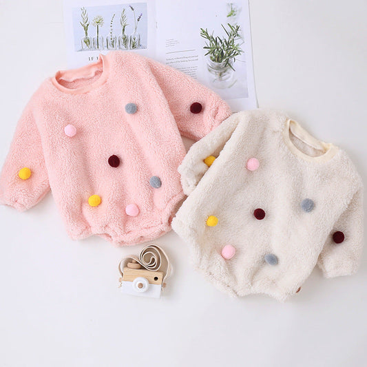 Baby Girl Solid Color Furball Patched Design Coral Fleece Pullover