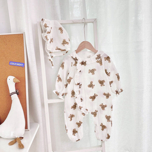 Baby Girls Bear Print Pattern Lace Design Round Collar Long-Sleeved