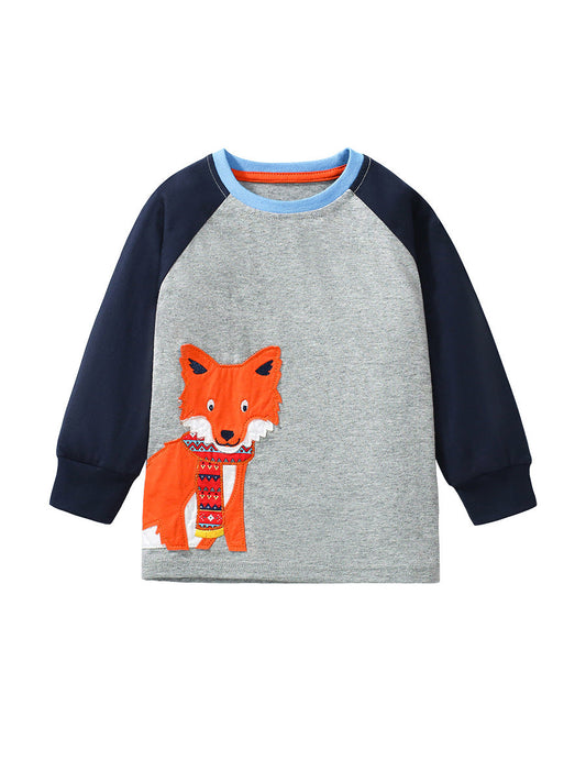 Arrival Autumn Kids’ Fox Cartoon Pattern Appliqué Embroidery Long