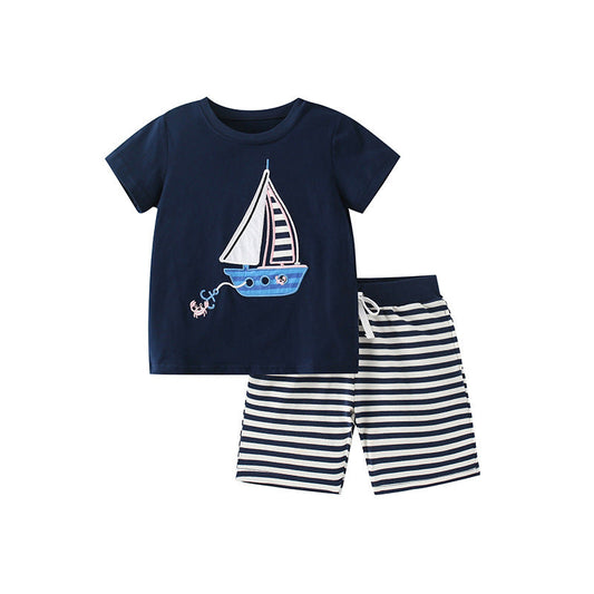 Summer Baby Kids Boys Sailboat Cartoon Pattern T-Shirt And Striped