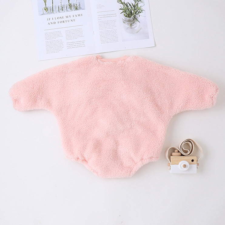 Baby Girl Solid Color Furball Patched Design Coral Fleece Pullover