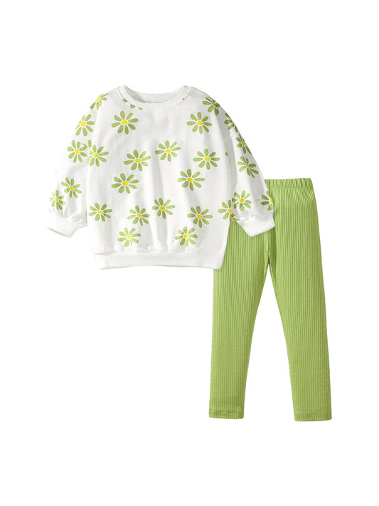 Spring And Autumn Girls Green Floral Print Long Sleeves Top Pullover