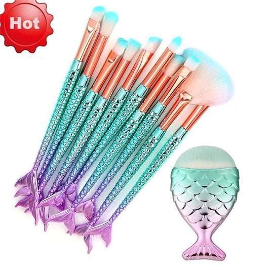 11PCS Mermaid MakeUp Brushes Foundation Eyebrow Eyeliner Blush